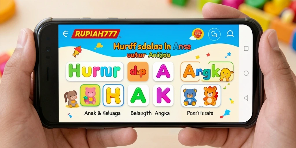 Tampilan antarmuka aplikasi RUPIAH777 untuk belajar huruf dan angka.